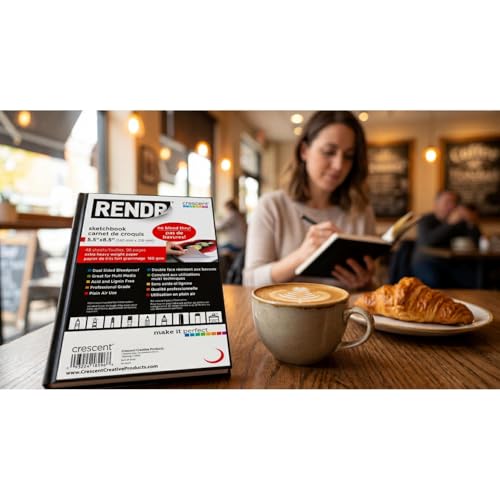 RENDR Hardbound Sketchbook 5.5x8.5, Bleed-Proof No Show-Thru Paper | Alcohol Markers, Copic, Ink | 180 GSM Acid-Free, 48 Sheets