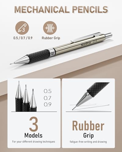 Nicpro 35PCS Art Mechanical Pencil Set, 3 PCS Metal Drafting Pencil 0.5 mm & 0.7 mm & 0.9 mm & 3 PCS 2mm Lead Holder (6B 4B 2B HB 2H 4H Colors) For Sketching Drawing With 20 Tube Lead Refills Case - color: Black, style: 0.5 0.7 0.9 2.0