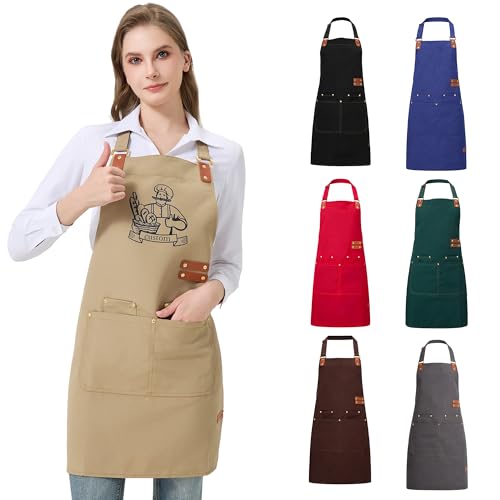 Personalized Waterproof Canvas Apron Custom Logo - Heavy Duty Cross Back 4 Pockets for Men Women Chef Barista - color: Khaki