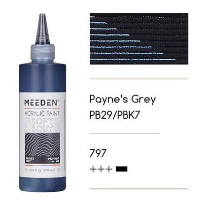 MEEDEN Soft Body Acrylic Paint: Payne's Grey Matte Finish - 250ml/8.45oz Bulk Acrylic Colors in Ergonomic Bottle - Fluid Flow Art Paints for Artists Canvas Painting - color: Payne's Grey