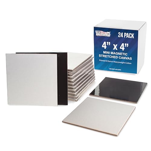 U.S. Art Supply Mini Magnetic Canvas Panels, 24 Pack, 4x4 Inch, Primed 8 Ounce Heavyweight Cotton, Small Canvases for Painting Acrylic and Watercolor, White Square Flat Canvas Boards - size: 4" x 4"