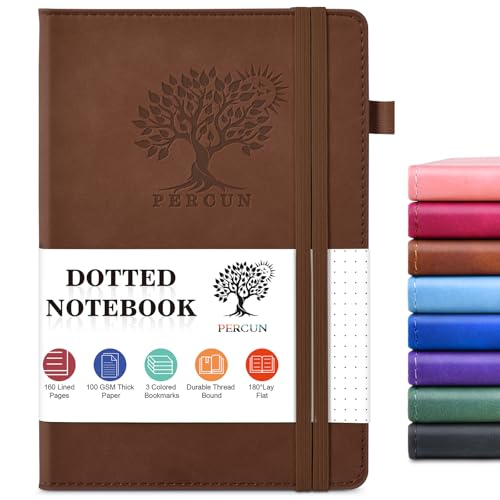 PERCUN A5 Dotted Journal Notebook, Leather Hardcover Notebook 5.9"×8.5" | 160 Dotted Pages Journal for Women & Men, Dot Grid Notebook for Writing, Work, School, Travel Daily Diary, Bullet Journaling - color: Brown, size: Dotted Page