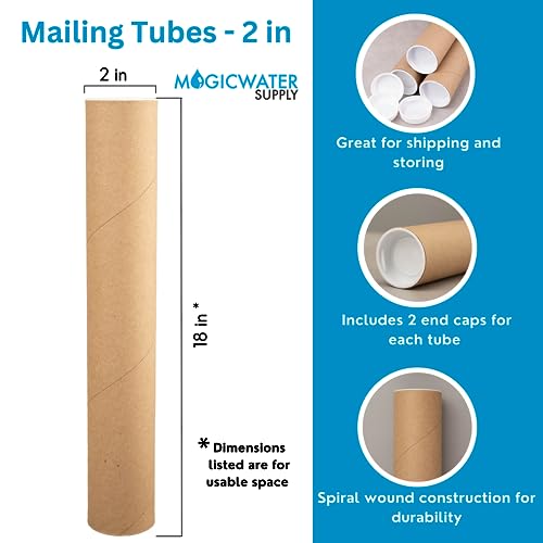 MagicWater Supply Heavy Duty Mailing Tubes - Durable Cardboard for Shipping, Storing & Protecting Posters Artwork Documents and Blueprints with Secure End Caps - 12 Pack 2 in x 18 in Kraft - US Made.