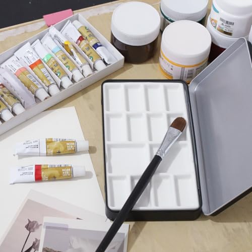 Travel Watercolor Palette,Portable Ceramic Palette with 14 Well,Metal Paint Box with Porcelain Palette(Blak Box) - color: Black