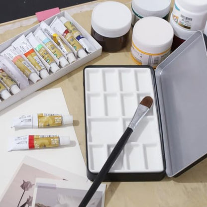 Travel Watercolor Palette,Portable Ceramic Palette with 14 Well,Metal Paint Box with Porcelain Palette(Blak Box) - color: Black