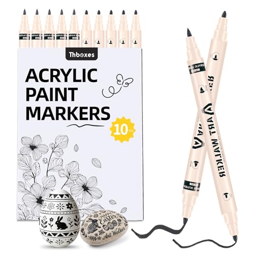 Thboxes 10 Pack Black Paint Markers, Dual-Tip Acrylic Paint Pen Fine Tip and Brush Tip Markers for Fabric Wood Metal Rock Glass Plastic Canvas School Supplies Art Supplies - color: Black