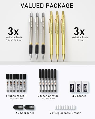 Nicpro Gold Art Mechanical Pencil Set, Metal Drafting Pencil 0.5, 0.7, 0.9mm & 2mm Lead Holder(2B HB 2H) For Sketching Drawing With Lead Refills Case - color: Gold