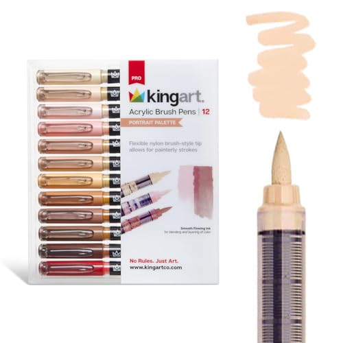 KINGART Acrylic Paint Markers Brush Tip, 12 Portrait Colors. Water-based, no-bleed, waterproof pens with automatic ink control for rock, egg, wood, fabric, glass & DIY crafts - color: Portrait