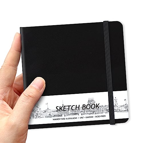 qianshan 5" x 5" Hardcover Sketchbook,Small Mixed Media Sketch Pad,58 Sheets 150GSM Acid-Free Artist Drawing Paper,Travel Journal Blank Notebook for Adults Painting,Illustration,Art Supplies.Black - color: 150gsm PU-black
