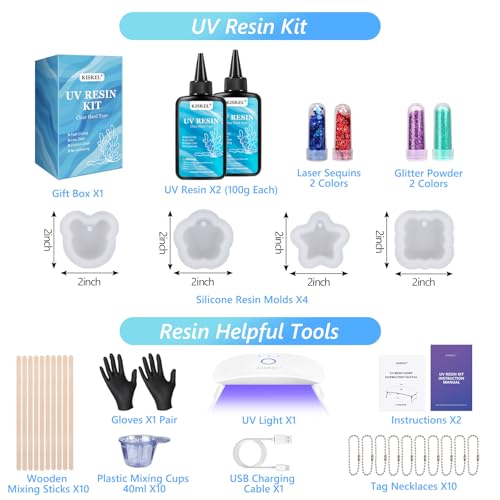 KISREL UV Resin Jewelry Making Kit, 200g Crystal Clear Resin with Light and Molds, DIY Jewelry Making Kit, Resina Starter Kit for Keychain and Earring - size: UV200g+8Lamp Beads