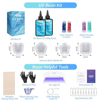 KISREL UV Resin Jewelry Making Kit, 200g Crystal Clear Resin with Light and Molds, DIY Jewelry Making Kit, Resina Starter Kit for Keychain and Earring - size: UV200g+8Lamp Beads