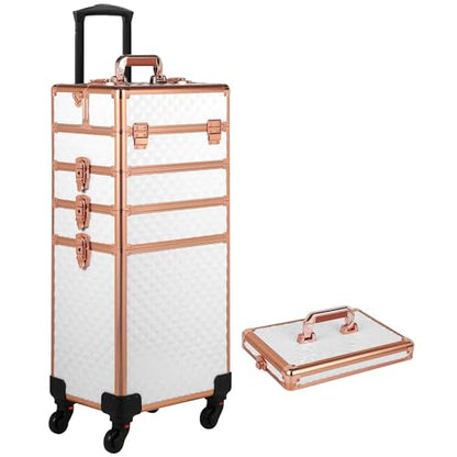 Somduy Rolling Makeup Case, Makeup Train Case with Lid, 5 in 1 Cosmetology Case on Wheels, Christmas Gift, Large Makeup Organizers, Profesional Cosmetic Case for Salon Barber, White Gold - color: White Gold