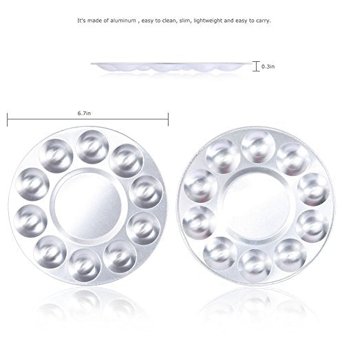 COMIART 10-Well Round Metal Paint Palette Tray Set, 2 Pack - Aluminum Artist Palette for Watercolor, Acrylic & Oil Painting - Professional & Student Art Supplies