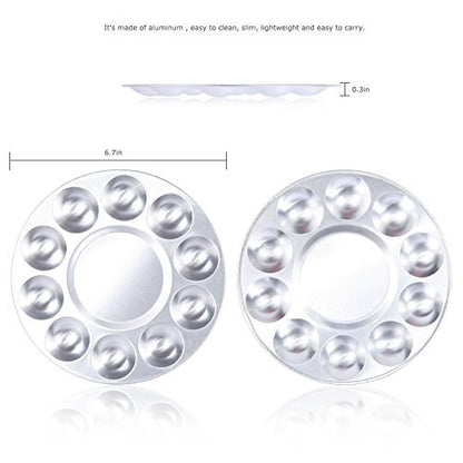 COMIART 10-Well Round Metal Paint Palette Tray Set, 2 Pack - Aluminum Artist Palette for Watercolor, Acrylic & Oil Painting - Professional & Student Art Supplies