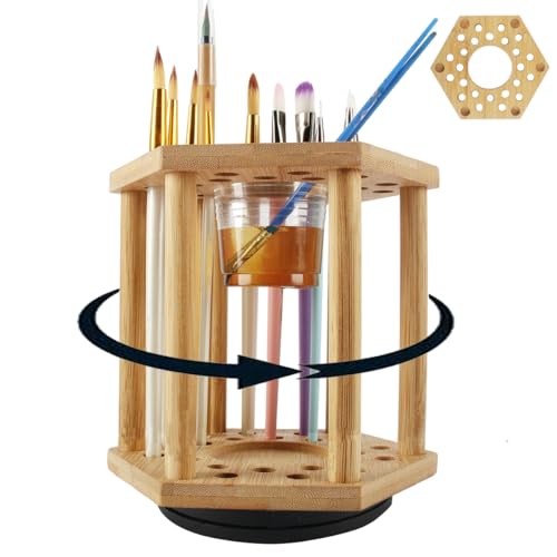 Paint Brush Holder Bamboo Paint Brush Holder,Rotating Watercolor Paint BrushHolder Display Stand and Organizer with 24Holes and 1 Big Hole for Desk, Arts and Crafts (1PCS)