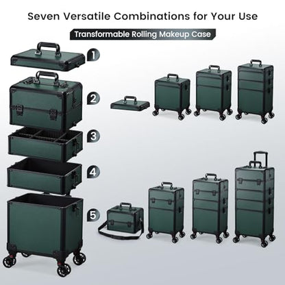 Rolling Makeup Case Makeup Train Case with Lid 5 in 1 Cosmetology Case on Wheels Cosmetic Trolley Organizer Large Makeup Organizers Case Profesional Cosmetic Case for Salon Barber Nail, Dark Green - color: Dark Green