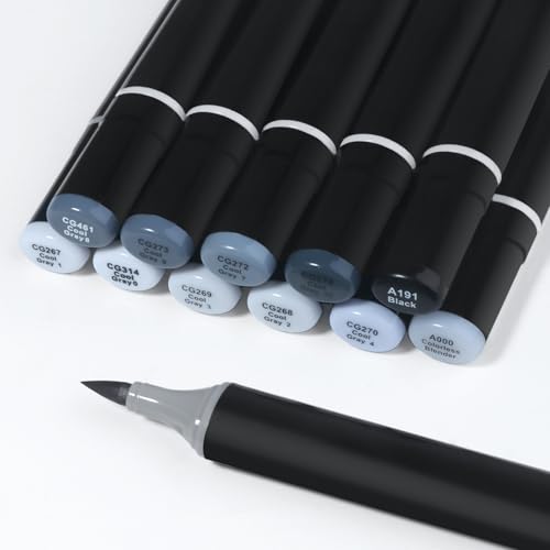 Gray Grey Alcohol Markers Brush Tip, 12pc Cool Grey Colorless Blender Markers Set for Adults Artist Shading Drawing Sketching Brush Chisel Tips Gifts - color: 12 color