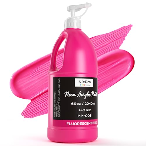 Nicpro Fluorescent Pink Large Acrylic Paint Set (69 oz, 2040 ml), Glow in the Black Light, Non-Toxic Neon Paint for Neon Party Decoration, DIY Project on Multi-Surface, Canvas, Rock, Wood, Craft - color: Fluorescent Pink, size: 69 Fl Oz (Pack of 1)