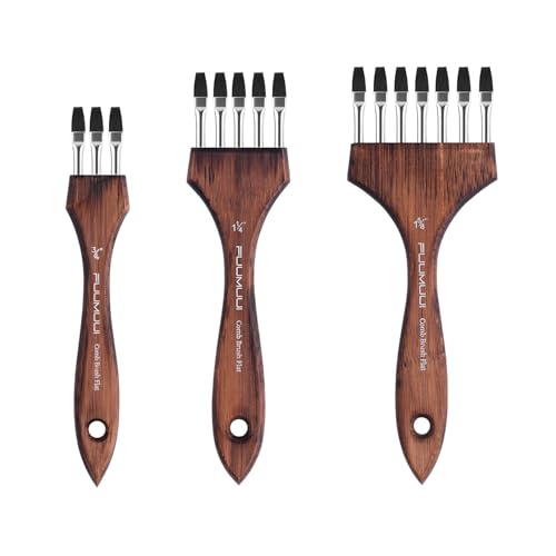 Fuumuui Grainer Brush Set - 3Pcs Professional Multi-Tooth Brushes, Flat Head Comb Brush Set Designed for Textures and Special Effects for Acrylic Painting, Oil & Watercolor, Short Handle - color: Brown