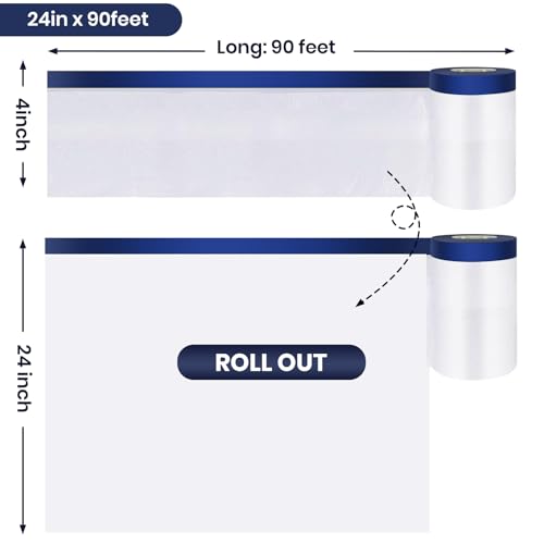 ADHES Painters Plastic with Tape, 24 inch x 90 feet x 3 Rolls Painters Tape with Plastic Attached, Pre Taped Masking Film Tape and Drape for Automotive Painting Covering - size: 24inch