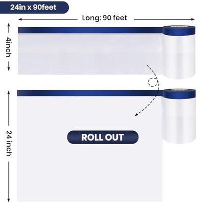 ADHES Painters Plastic with Tape, 24 inch x 90 feet x 3 Rolls Painters Tape with Plastic Attached, Pre Taped Masking Film Tape and Drape for Automotive Painting Covering - size: 24inch
