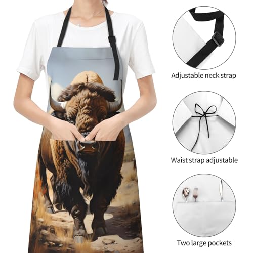Prancing Brown Horse Heavy Duty Waterproof Apron with Pockets for AdultsResistant Grilling, Gardening, Painting - color: North American Bison Herd
