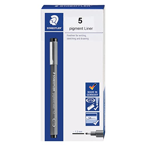 Staedtler Pigment Liner, Fineliner Pen for Drawing, Drafting, Journaling, 1.2mm, Black, Box of 5 Pens, 308 12-9M - style: 1.2mm
