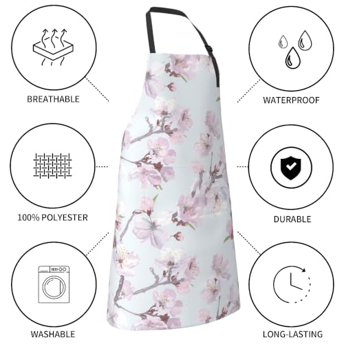 Cream Pastel Wildflower Art Waterproof Apron with Pockets | Garden Aprons for Men Women Adjustable Bib Apron for Cooking Kitchen Baking BBQ Painting Housework Oil Resistant - color: Delicate Branch Design