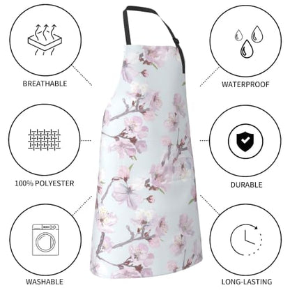 Cream Pastel Wildflower Art Waterproof Apron with Pockets | Garden Aprons for Men Women Adjustable Bib Apron for Cooking Kitchen Baking BBQ Painting Housework Oil Resistant - color: Delicate Branch Design