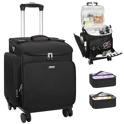 Relavel Rolling Makeup Case, Hair Tools Travel Bag Cosmetology Case on Wheels with 2 Clear Bags, Professional Hairstylist Bag Makeup Artist Storage Train Case Barber Organizer with 360° Spinner Wheels - color: Black