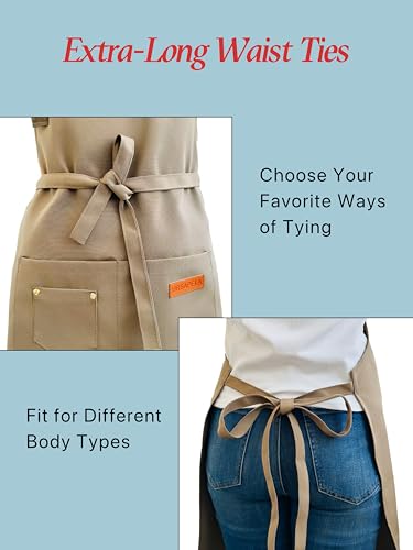 Kitchen Cooking Apron for Women Men Water-Resistant Artist Barista Baking Craft Catering Work Bib with Large Pockets - color: Khaki