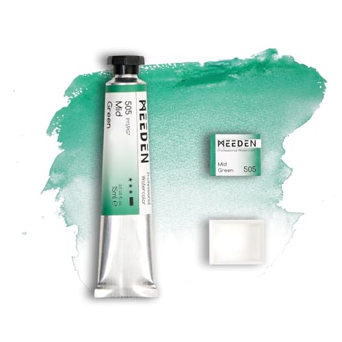 MEEDEN Professional Artist Watercolor Paint: Mid Green - 15ml/0.5oz Water Color Tube, Semi-Moist Pigment Half Pan and Empty Matching Half Pan for Artists Pros - color: Mid Green