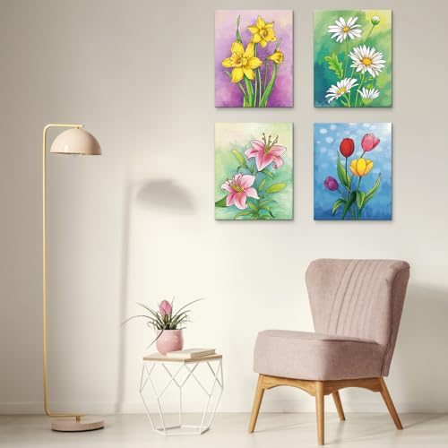 VOCHIC 4 Pack Sip and Paint Kit, Pre Drawn Canvas for Painting for Adults Kids Pre Printed Canvas to Paint Party Supplies Girls Night Games Date Night Art Set Flower Theme 8x10 in - size: 8x10, style: style 9
