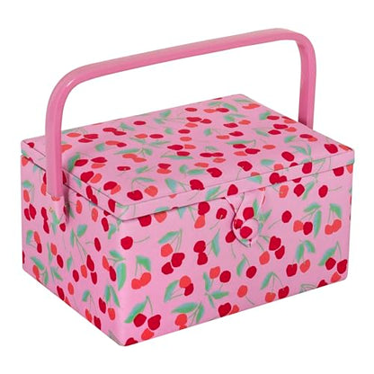 Hobby Gift Medium Sewing Box Organiser, Fabric Covered Storage Box with Handle, Internal Tray, Pin Cushion and Pocket for Sewing, Quilting and Knitting Supplies - color: Cherries