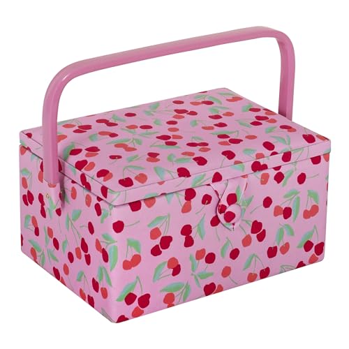 Hobby Gift Medium Sewing Box Organiser, Fabric Covered Storage Box with Handle, Internal Tray, Pin Cushion and Pocket for Sewing, Quilting and Knitting Supplies - color: Cherries