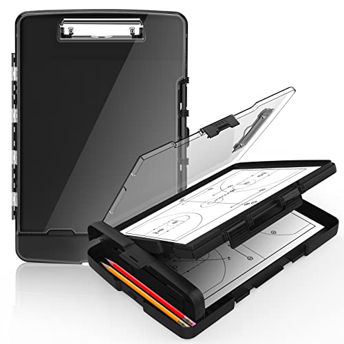 Sooez Original Clipboard with Storage & Pen Holder, Heavy Duty Clip Boards 8.5x11 with Dual Storage, Clearview Dry Erase Coach Clipboard with Real Hinge, High Capacity, School & Office Supplies - color: Black