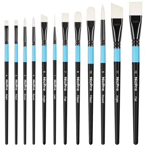 Nicpro 12PCS Artist Paint Brush Set, Firm Synthetic Bristle Paint Brushes for Acrylic Painting & Oil, Flat Round Filbert Angle Bright Liner Brushes for Canvas, Gouache, Tempera, Craft, Model, Fabric - color: Black-blue