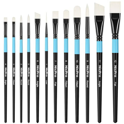 Nicpro 12PCS Artist Paint Brush Set, Firm Synthetic Bristle Paint Brushes for Acrylic Painting & Oil, Flat Round Filbert Angle Bright Liner Brushes for Canvas, Gouache, Tempera, Craft, Model, Fabric - color: Black-blue