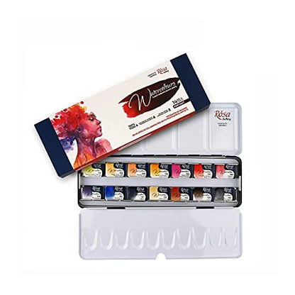 Rosa Gallery Watercolor Paint Set, 'Portrait' palette full pans 14 colors metal case, extra fine professional watercolours
