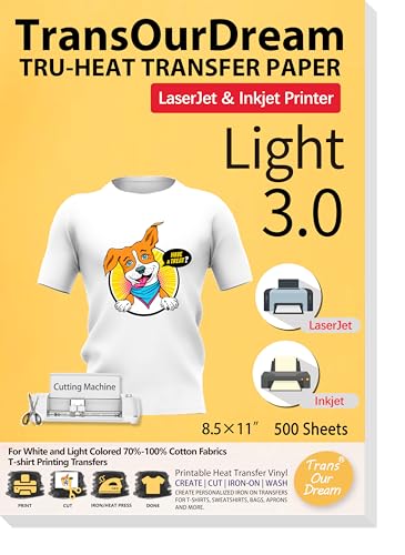 TransOurDream Tru-Heat Transfer Paper for Inkjet & LaserJet Printer (500 Sheets 8.5x11, 3.0) Printable HTV Heat Transfer Vinyl for T Shirts Iron on Transfers for Light Fabrics - color: Light, size: 500 Sheets