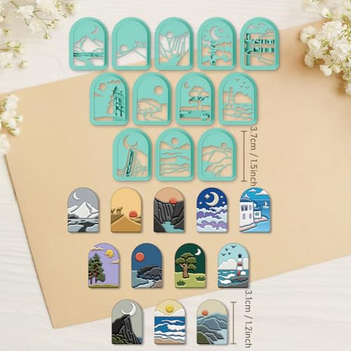 ORIGACH 12 Pcs Mountain Landscape Polymer Clay Cutters,Sun Moon and Scenery Design Clay Cutters for Polymer Clay Jewelry Earrings with a Clear Storage Box - style: Mountain Landscape