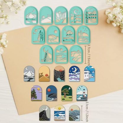 ORIGACH 12 Pcs Mountain Landscape Polymer Clay Cutters,Sun Moon and Scenery Design Clay Cutters for Polymer Clay Jewelry Earrings with a Clear Storage Box - style: Mountain Landscape