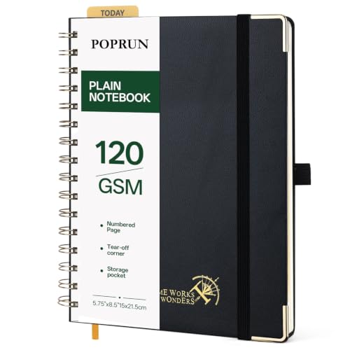 POPRUN Blank Spiral Journal Notebook, A5 Hardcover Sketch Books, 141 Pages Unlined Journals for Women Men, 120 GSM Plain Notebooks for Sketching, Drawing, Painting, 5.75'' x 8.25'', Black - color: Black, style: Minimalist