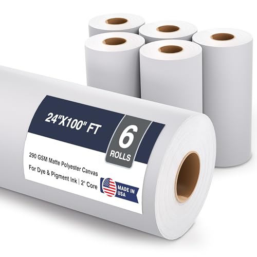 Matte Polyester Inkjet Canvas Roll - 290gsm / 15 Mils Bright White Wide Format Plotter Canvas for Commercial Decor, Dye/Pigment Ink Compatible, 2" Core (24"x 100ft) 6 Rolls - color: Polyester 290 GSM Matte