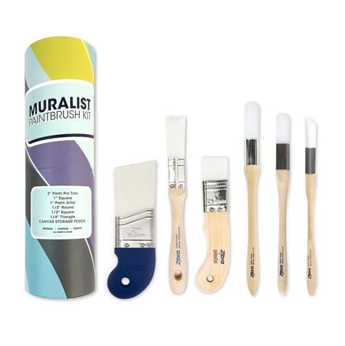 Zibra 6-Piece Muralist Paint Brush Set with Artist Brushes, 1" Brushes, Detail Brushes & Ergonomic Paint Brushes for Lettering, Murals, Canvas Painting, Touch Ups and Crisp Lines