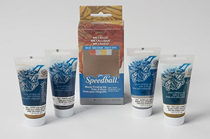 Speedball Water-Soluble Metallic Block Printing Ink Set – 4 Iridescent Colors With Satiny Finish - 1.25 FL OZ Tubes