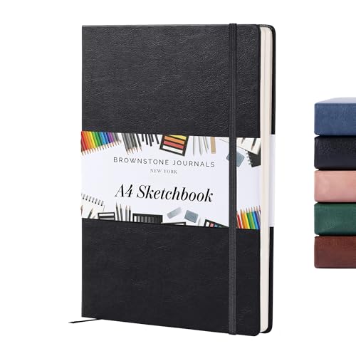 BROWNSTONE JOURNALS A4 Sketch Book Hardcover - 80 Sheets 100 GSM Paper 8.5"x11.5", Lay Flat, Vegan Leather Cover, Elastic Band, Back Pocket, Art Drawing Book (Charcoal Black) - color: Charcoal Black, size: A4 (8.5" x 11.5")