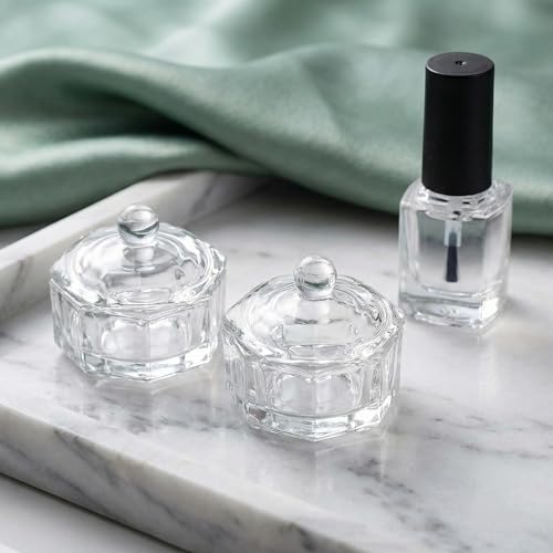 Hexagonal Crystal Glass Pen Cleaning Cup with Lid - 2 Pack Dappen Dish for Nail Art, Calligraphy, Brush and Ink Washing - Artist & Nail Tech Supplies