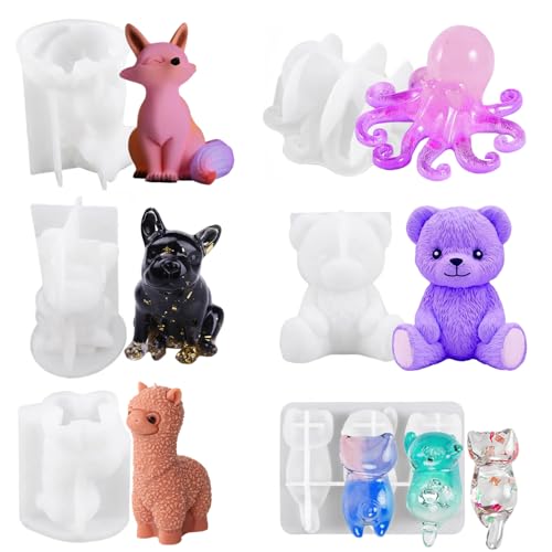 6PCS Animal Resin Mold, Alpaca, Bulldog, Fox, Cat,Bear and Octopus 3D Lifelike Silicone Molds for Epoxy Resin, Unique Display Mould for DIY Crafts Wall Desktop Home Decoration Candle Making (Model B)