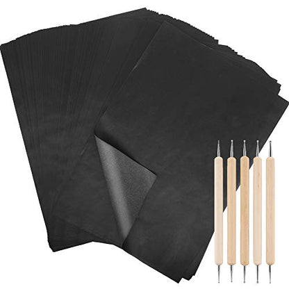 100 Pcs Carbon Transfer Paper with 5 Pcs Embossing Styluses Tools 11.7 X 8.3 Inch Copy Paper for Tracing Pattern on Wood Paper Canvas Cloth (Black) - color: Black